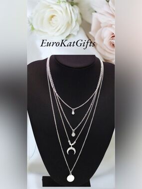 Anthropologie Multi-Layer Silver Crescent & Disc Necklace NEW